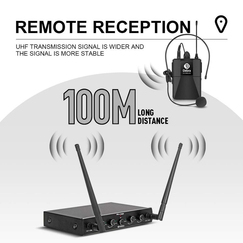 D Debra Audio AU400 Pro UHF 4 Channel Wireless Microphone System with Cordless Handheld Lavalier Headset Mics, Metal Receiver, Ideal for Karaoke Church Party (with 4 Bodypack (B)) - Image 2